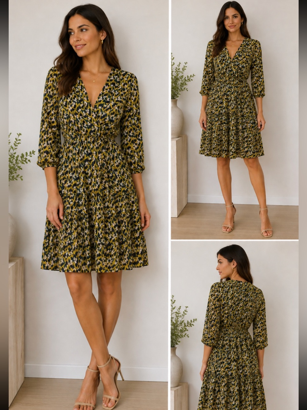 Banana Republic Green and Navy Print Tiered V-Neck Dress
